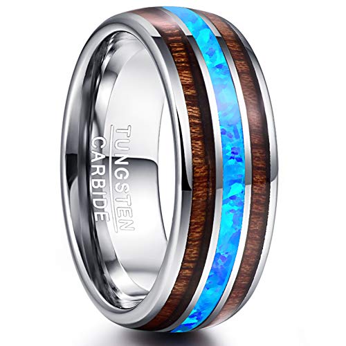 Product Cover VAKKI 6mm 8mm Hawaiian Koa Wood and Blue Opal Inlay Tungsten Carbide Ring Domed Wedding Band Comfort Fit Size 6-14