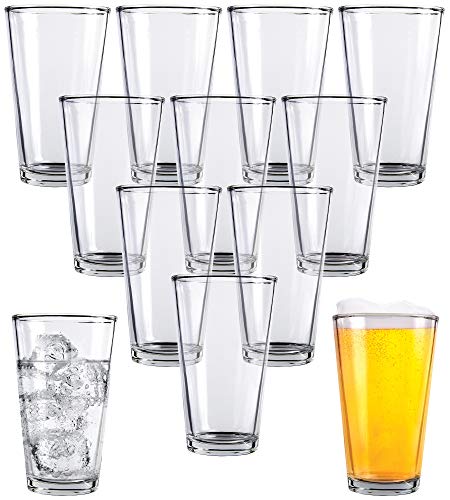 Product Cover Clear Glass Beer Cups - 12 Pack - All Purpose Drinking Tumblers, 16 oz - Elegant Design for Home and Kitchen - Lead and BPA Free, Great for Restaurants, Bars, Parties - by Kitchen Lux