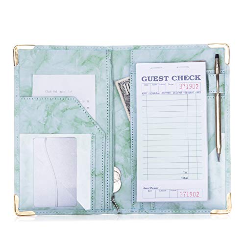 Product Cover Sonic Server Marble Style Deluxe Server Book for Restaurant Waiter Waitress Waitstaff | Jade Green Marble | 9 Pockets Includes Zipper Pouch with Pen Holder | Holds Guest Checks, Money, Order Pad
