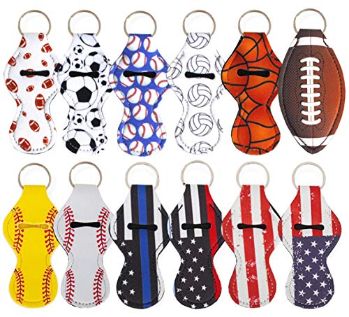 Product Cover Chapstick Holder Keychain, 12 Pieces Different Neoprene Lip Balm Keychain Holder (8 Sports+4 Flag)