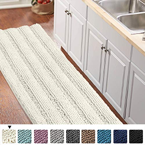 Product Cover Non-Slip Kitchen/Bath Rug Runner Luxury Chenille Shaggy Bathroom Rug Mat Ivory White Bath Mat, Ultra Soft and Cozy, Super Absorbent Large Shaggy Rugs, Washable Carpet Kitchen Mats, 59