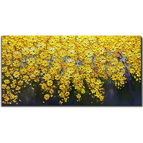 Product Cover V-inspire Art, 24X48 Inch Oil Paintings On Canvas Wall Art Brilliant Flowers Art 100% Hand-Painted Abstract Artwork Yellow Floral Wall Art livingroom Bedroom Dinning Room Decorative Pictures Home Deco