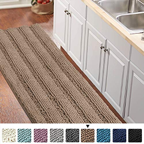 Product Cover Luxurious Shaggy Chenille Kitchen/Bath Mat Non-Slip Kitchen Rug Taupe Brown Chenille Rug Striped Kitchen Mat Runner Water Absorbent Bath Rug Runner for Kitchen Floor, Taupe Brown, Size 59 & 20 Inches