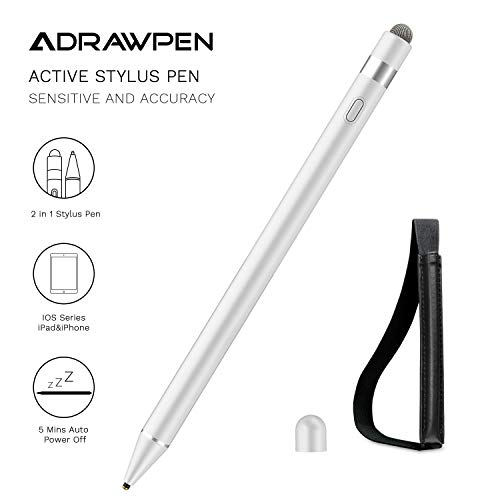 Product Cover Stylus Pen Compatible for Apple iPad, Adrawpen Rechargeable Active Stylus Pen with 2 in 1 Copper & Mesh Fine Tip, 5 Mins Auto Off Smart Pencil Digital Pen for All Apple iPad/iPhone/iPad Pro-White