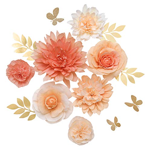 Product Cover Ling's moment Paper Flower Decorations(14''-6'' Assorted), Handcrafted 3D Large Crepe Paper Dahlia Rose Peony Set of 7 for Wall Nursery Wedding Backrop Bridal Shower Centerpiece Monogram(Coral Ombre)