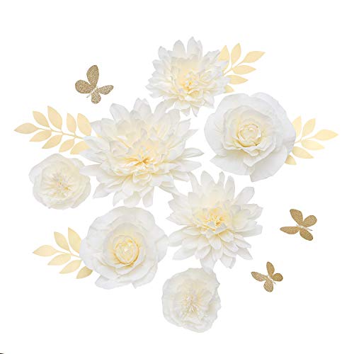 Product Cover Ling's moment Paper Flower Decorations(14''-6''Assorted), Handcrafted 3D Large Crepe Paper Rose Dahlia Peony Set of 7 for Nursery Party Wedding Baby Shower Birthday Centerpiece(Cream Ombre)
