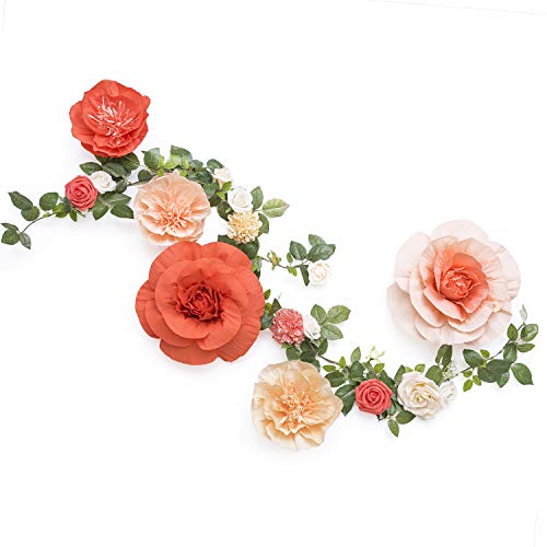 Product Cover Ling's moment Handcrafted Crepe Paper Flowers(5pcs)& 5.5FT Rose Vine Greenery Garland w/Artificial Mixed Flower, Table Runner for Wedding Backdrop Photo Booth Arch Centerpiece Window(Orange+Peach)
