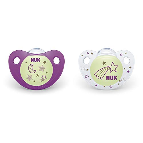 Product Cover NUK Cute-as-a-Button Glow-in-The-Dark Orthodontic Pacifiers, Girl, 6-18 Months, 2-Pack