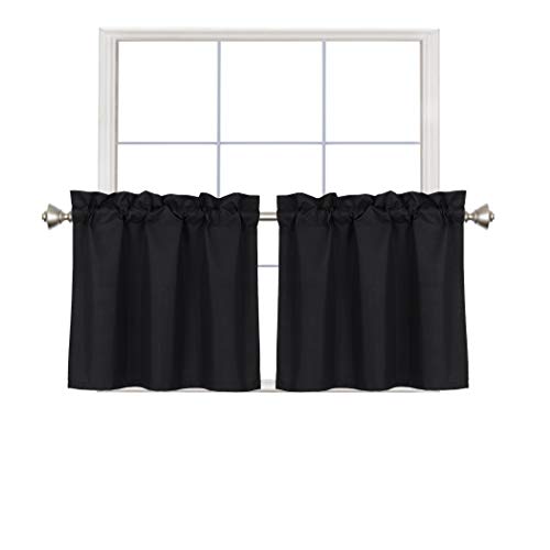 Product Cover Home Queen Blackout Rod Pocket Tier Curtains for Small Window, Short Room Darkening Kitchen Curtains, Café Drapes, 2 Panels, 30 W X 24 L Inch Each, Black
