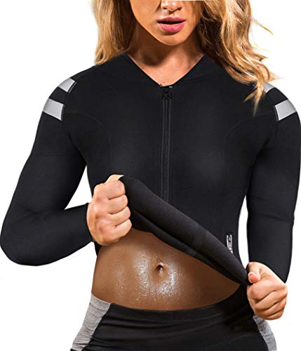 Product Cover Womens Neoprene Body Shaper Hot Sweat Tummy Fat Burner Workout Jacket Top Full Zip Up (Black (Long Sleeves), 2XL)
