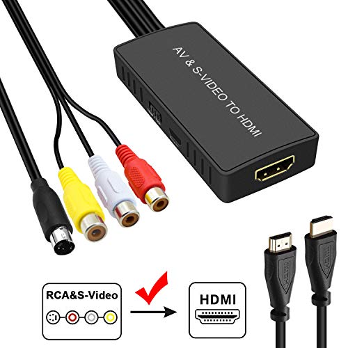 Product Cover SVideo to HDMI Converter, RVA to HDMI Adapter Support 1080P, PAL/NTSC Compatible with WII, WII U, PS one, PS2, PS3, STB, Xbox, VHS, VCR, Blue-Ray DVD Players