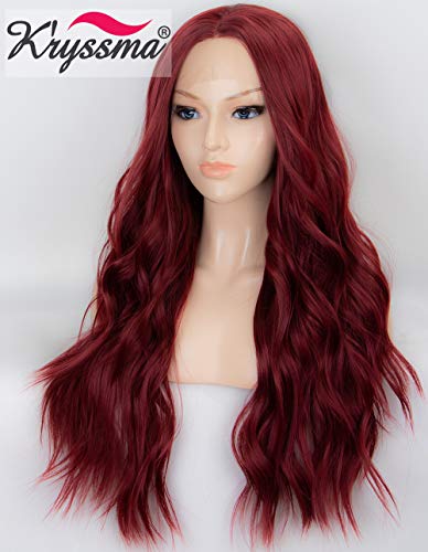 Product Cover K'ryssma 22 inches Wine Red Lace Front Wigs Burgundy Synthetic Wig for Women Glueless Long Wavy Hair Wigs Heat Resistant Middle Parting
