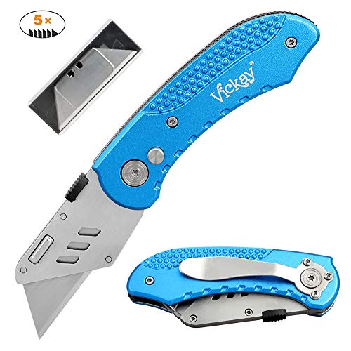 Product Cover Folding Utility Knife Heavy Duty Box Cutter with 5 SK5 Quick Change Blades, Safety Lock-Back Design, Lightweight Aluminum Body Belt Clip for Office, Home(Blue)