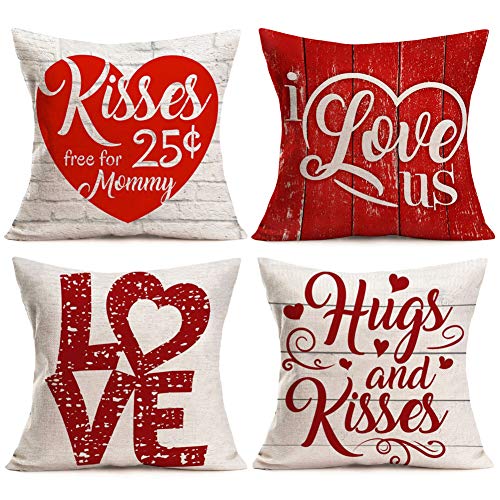 Product Cover Asamour 4 Pack Red White Warm Letters Throw Pillow Covers Vintage Wood Sweet Love Lettering Cotton Linen Cushion Cover Pillow Case for Valentine's Day/Mother's Day 18 inches