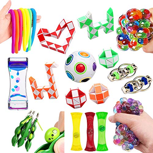 Product Cover Fidget Toys 21 Pack Bundle Sensory Toys Set-Rainbow Magic Ball/Liquid Motion Timer/Bike Chain/Stress Balls/Stretchy String Stress Relief Hand Toys for Children and Adults with ADHD ADD OCD Autism