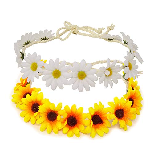 Product Cover Honbay 2PCS Fashion Flower Headband Sunflower Hair Wreath Festival Hair Band Bridal Headpiece (yellow+white)