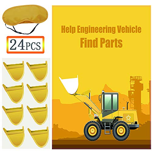 Product Cover Construction Party Game for Kids - Help Engineering Vehicle Find Parts Birthday Party Favor Games - Include Large Construction Games Poster 24 Parts Stickers and Blindfold