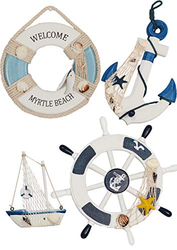 Product Cover Wooden Nautical Lighthouse Anchor Wall Hanging Ornament, Beach Wooden Boat Ship Steering Wheel Wall Decor, Nautical Life Ring Wall and Door Hanging Ornament Plaque (White)