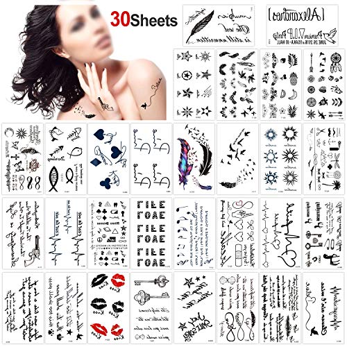 Product Cover Konsait Temporary Tattoos for Adult Men Women Kids(30 Sheets), Waterproof Temporary Tattoo Fake Tattoos Body Art Sticker Hand Neck Wrist Cover Up Set