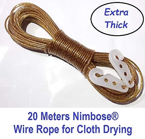 Product Cover Nimbose® 20 meters Cloth Drying Ropes, PVC Coated Steel Anti-Rust Wire Rope with 2 Plastic Hooks for Drying Clothes - Set of 1