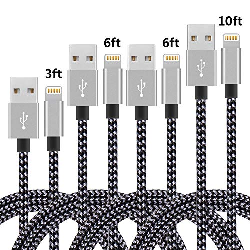 Product Cover 4Pack (3ft,6ft,6ft,10ft) Nylon Braided Charging Cord Charger Compatible with PhoneX/8/8Plus 7/7 Plus/6s/6s Plus/6/6 Plus/5s/55se,Pad,Pod and More (Black+Gray)