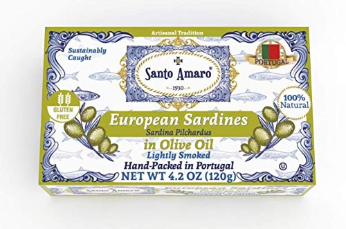 Product Cover SANTO AMARO European Wild Sardines in Pure Olive Oil (12 Pack, 120g Each) Lightly Smoked - Europe Style! 100% Natural - Wild Caught - GMO FREE - Keto - Paleo - Hand Packed in PORTUGAL