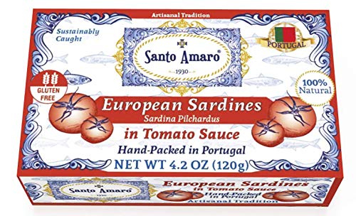 Product Cover SANTO AMARO European Wild Sardines in Tomato Sauce from Puree (12 Pack, 120g Each) IBERIA STYLE! 100% Natural - Canned Wild Sardines in Natural Tomato Sauce - GMO FREE - Hand Packed in PORTUGAL