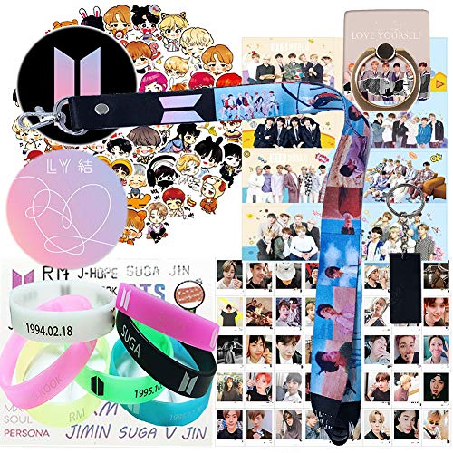 Product Cover Fans Set - 1 Wristlet Lanyard Keychain, 8 Ins Cards, 7 Silicone Bracelet, 1 Phone Ring Stand, 1 Keychain, 40 Lomo Card, Set of 63 Piece Laptop Stickers, 2 Button Pin, 1 Tattoo Sticker