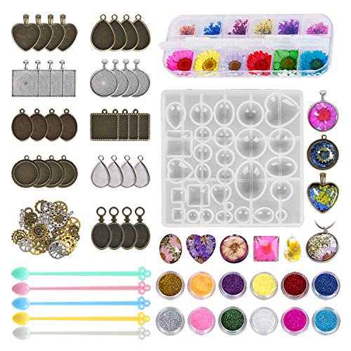 Product Cover 45 Pack Resin Jewelry Making Supplies Kit Art Craft Supplies for Resin, Nail Art, DIY Craft, Including 9 Different Patterns Pendant Trays Kit,Glitter Powder,Dry Flowers, Powder Scoops and Wheel Gears