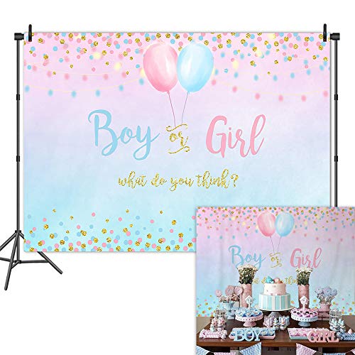 Product Cover Mehofoto Boy or Girl Gender Reveal Backdrop Blue Pink Dots Balloon Photography Background 7x5ft Vinyl Gender Reveal Baby Shower Party Banner Backdrops