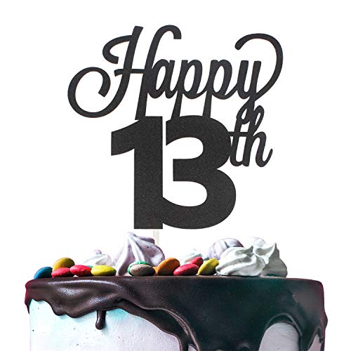 Product Cover Happy 13th Birthday Black Glitter Cardstock Paper Cake Topper Cheers to 13 Years Old Bday Party Gift Photo Booth Sign Decoration - Premium Double Sided