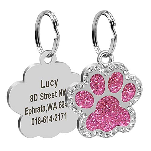 Product Cover Didog Glitter Rhinestone Paw Print Custom Pet ID Tags,Crystal Stainless Steel Personalized Engrave ID Tags Fit Small Medium Large Dogs and Cats,Pink