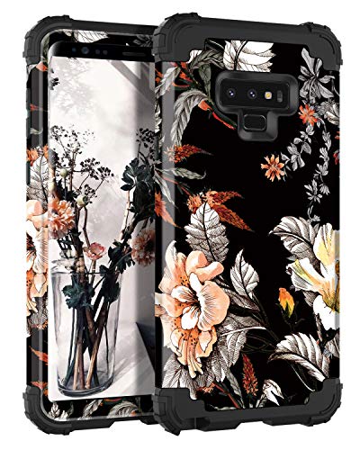 Product Cover Casetego Compatible Galaxy Note 9 Case,Floral Three Layer Heavy Duty Hybrid Sturdy Armor Shockproof Full Body Protective Cover Case for Samsung Galaxy Note 9,Orange Flower/Black