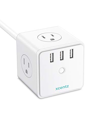Product Cover Xcentz Power Strip Cube White with USB 4 Outlet and 3 USB Ports Surge Protector Power Strip Flat Plug with 5 ft Extension Cord, Overload Protection, Switch Control Compact for Desktop, Office, Home