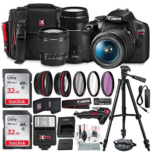 Product Cover Canon T7 EOS Rebel DSLR Camera with 18-55mm and 75-300mm Lenses Kit + UV Filter Set + Tripods + Flash & 32GB Dual SD Card Accessory Bundle