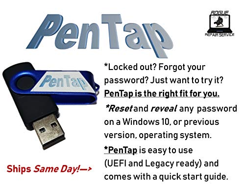 Product Cover PenTap - Password Reset USB Flash Drive for Windows 10, Windows 7, and Previous Versions. Will Reset/Reveal Windows Admin Password Most Computers. Best Password Unlocker Tool