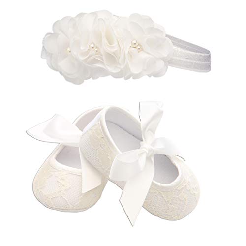 Product Cover Light Ivory Lace Baptism Christening Shoe and Headband Set for Baby Girl (Size 1)