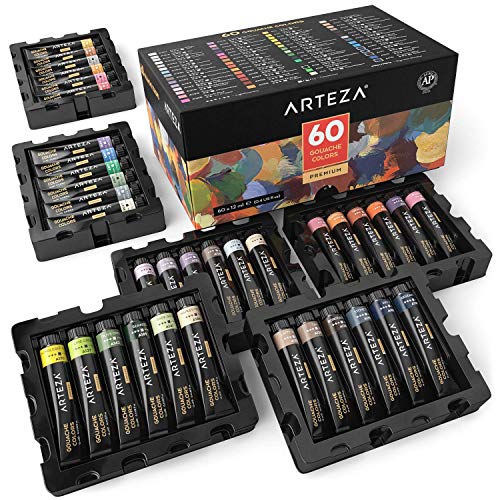 Product Cover ARTEZA Gouache Paint, Set of 60 Colors/Tubes (12 ml/0.4 US fl oz) Opaque Paints, Ideal for Canvas Painting, Watercolor Paper, Toned Paper, or Using with Watercolors and Mixed Media