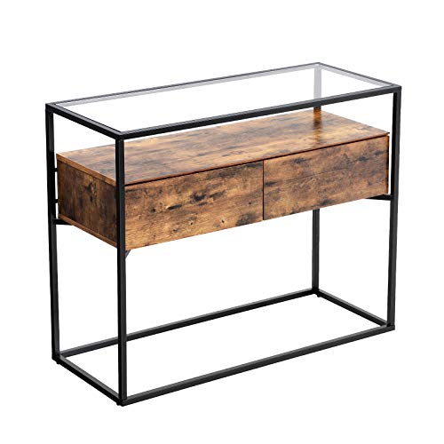 Product Cover VASAGLE Industrial Console Table, Tempered Glass Table with 2 Drawers and Rustic Shelf, Decoration Sideboard, in Hallway Lounge or Foyer, Stable Iron Frame ULNT11BX