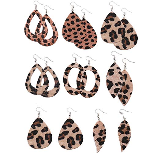 Product Cover Leopard Earrings for Women Leopard Print Leather Earrings Lightweight Handmade DIY Leaf Leather Teardrop Dangle 8 Pairs