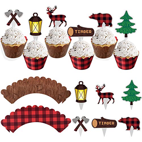 Product Cover 48Pcs Lumberjack Cupcake Toppers & Wood Grain Buffalo Plaid Wrappers, Perfect for Campfire Party Supplies, Lumberjack Theme Birthday Decor, Woodland Baby Shower Decorations, Rustic Woodsy Wedding