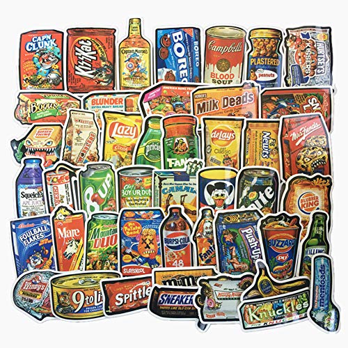Product Cover Jasion 50-Pcs Vinyl Stickers Vintage Funny Snacks Food Cartoon Graffiti Decals for Water Bottles Cars Motorcycle Skateboard Portable Luggages Phone Ipad Laptops