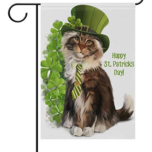 Product Cover Wamika St Patrick's Day Garden Flag 12 x 18 Double Sided, Cat Leprechaun Watercolor Clover Shamrock House Yard Flags Spring Welcome Outdoor Indoor Banner for Party Home Saint Patricks Day Decoratio