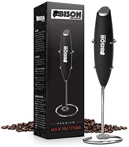 Product Cover Bison International Milk Frother Handheld Battery Operated Foam Maker for Lattes - Great Coffee Electric Whisk Drink Mixer, Mini Blender and Foamer Perfect for Cappuccino, Frappe, Hot Chocolate