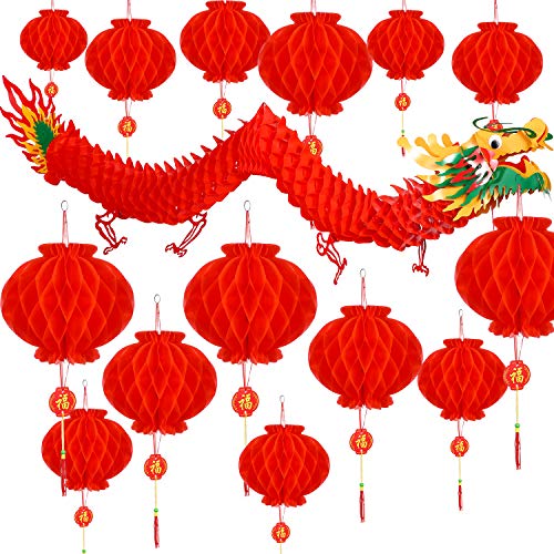 Product Cover Bememo 21 Pieces Chinese New Year Dragon and Chinese Red Lanterns Decoration for Chinese Spring Festival New Year Wedding