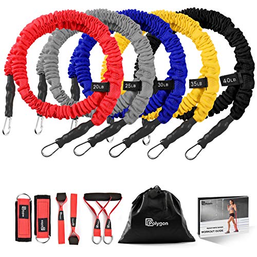 Product Cover Polygon Resistance Bands Set, Upgraded Resistance Tubes with Anti-Snap Heavy Duty Protective Nylon Sleeves, 11 Pieces Include 5 Stackable Exercise Bands, Door Anchors, Legs Ankle Straps, Foam Handles