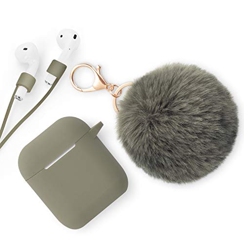 Product Cover Xmifer AirPods Case, Cute Airpods Case Keychain Drop Proof (Silicone Skin and Cover for AirPods Charging Case 2/1) with Fluffy Fur Ball Keychain and Airpods Anti-Lost Strap for Airpods 2/1(Oliver)
