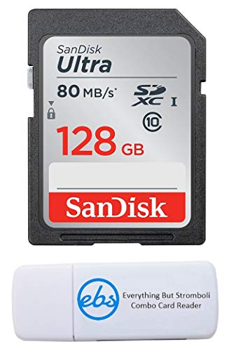 Product Cover SanDisk 128GB SDXC SD Ultra Memory Card 80mb Bundle Works with Nikon D3500, D7500, D5600, D5200 Digital Camera Class 10 (SDSDUNC-128G-GN6IN) Plus (1) Everything But Stromboli (TM) Combo Card Reader