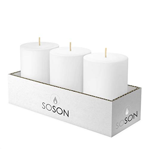 Product Cover Simply Soson 3 x 4 Inch White Unscented Pillar Candle Bulk Set - Dripless, Scent Free Paraffin Wax Candle Pillars - Medium Size Wedding or Home No Drip Candles - 3 Pack