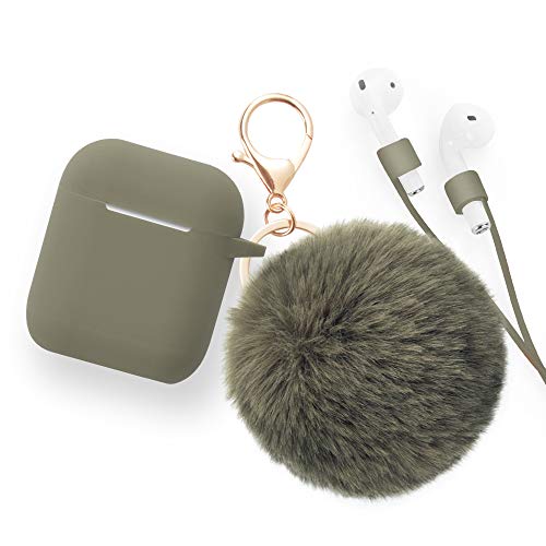 Product Cover Airpods Case - BlUEWIND Drop Proof Air Pods Protective Pom Pom Keychain Case Cover Silicone Skin for Apple Airpods 2 & 1 Charging Case, Cute Fur Ball Airpods Keychain/Strap (Olive)